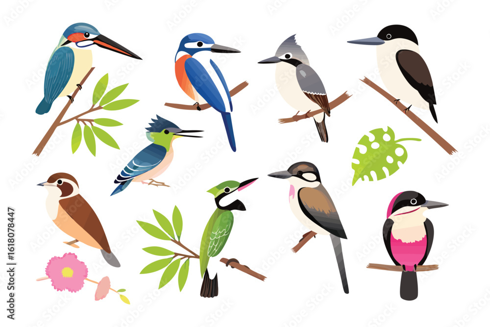 Obraz premium Bird Collection: A vibrant collection of diverse bird species, perched on branches, showcases nature's colorful avian wonders.