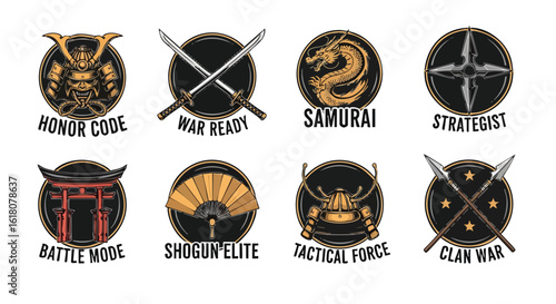 A collection of eight detailed, vintage-style Japanese samurai emblem designs, showcasing various symbols of honor, warfare, and strategy, perfect for martial arts or historical-themed projects.