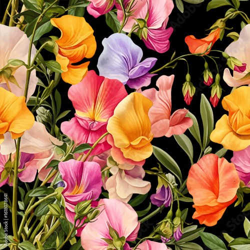 Seamless vector pattern with colorful sweet pea flowers isolated on a changeable background. Vintage painting style illustration.