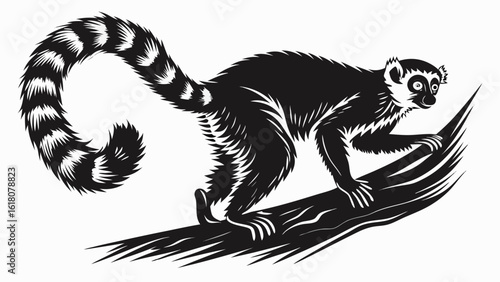 Ring tailed lemur climbing on a tree branch with its long striped tail in a black and white illustration silhouette