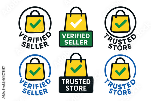 A collection of vector illustrations showcasing a shopping bag with a checkmark, representing verified seller and trusted store badges, ideal for e-commerce and retail design.