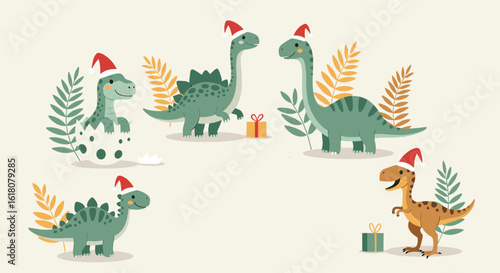 Cute dinosaurs wearing santa hats celebrating a festive holiday season with presents
