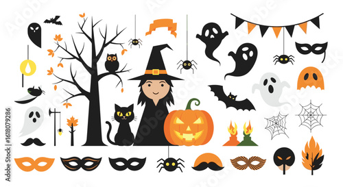 Delightful halloween icons featuring a witch owl black cat and festive decorations