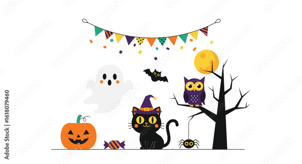 Fototapeta premium Spooky halloween night full moon ghost bat owl black cat pumpkin spider and candy decoration
