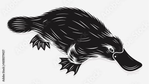 Illustration of a black platypus with white line details on a white background in side profile view silhouette