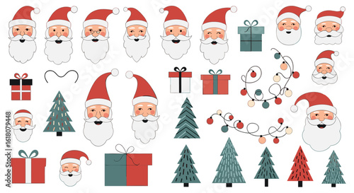 Pixel art christmas celebration elements featuring santa claus and festive trees with gifts and ornaments