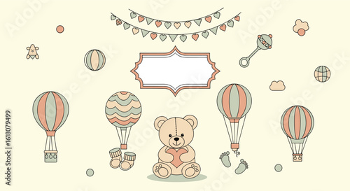 Adorable teddy bear and hot air balloons baby shower celebration design