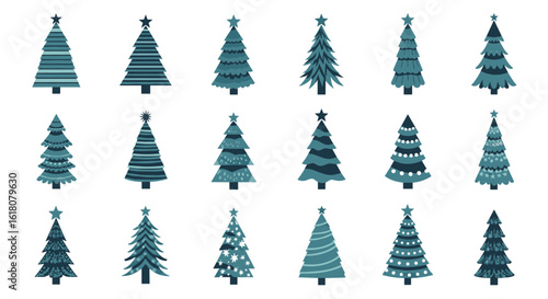 A collection of festive winter holiday evergreen trees decorated with ornaments and toppers