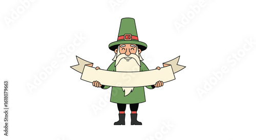 Whimsical wizard with empty banner presentation graphic element