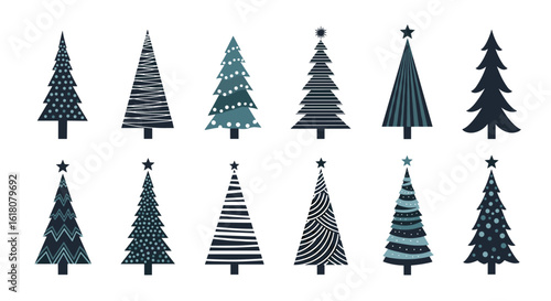 A collection of twelve decorative christmas trees with a modern design featuring various patterns and colors