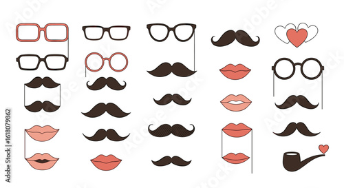 Collection of retro photo booth props for parties and events with mustaches lips and glasses