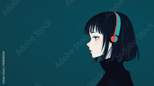 Stylish anime girl with headphones in profile view.