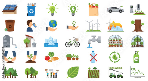 A vibrant collection of eco-friendly icons and illustrations representing sustainability, renewable energy, environmental protection, and green living, suitable for various design projects and