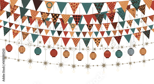 Festive bunting and lanterns decorating celebration party garland background