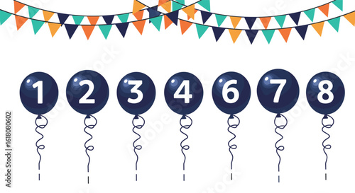 Party decorations with numbered balloons and festive bunting flags for a celebration event