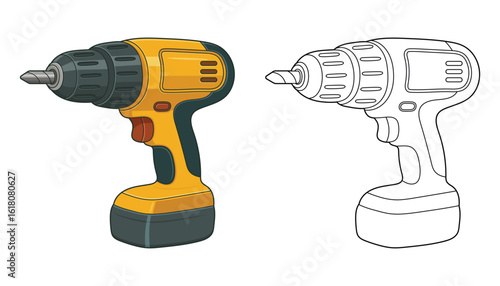 Illustration showcasing a powered hand drill, one colored and one in line art