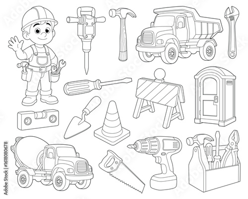 Cartoon construction worker surrounded by tools and heavy equipment in outlines
