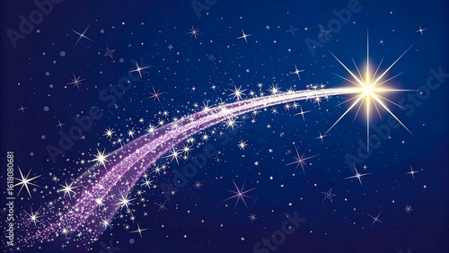 Bright shooting star with glitter trail over deep blue starry background
