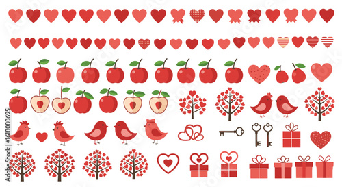 Collection of pixelated red fruit hearts birds and trees for romantic celebrations