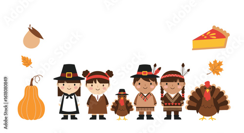 Happy thanksgiving day celebration with pilgrims native americans and turkey