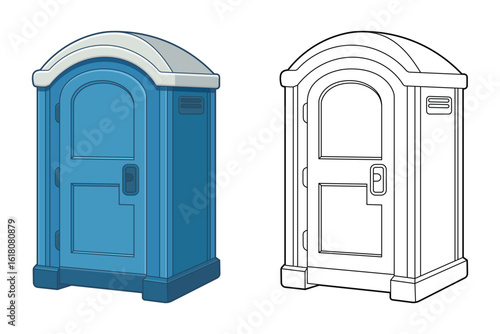 Cartoon depiction of a portable restroom in blue, next to a line drawing