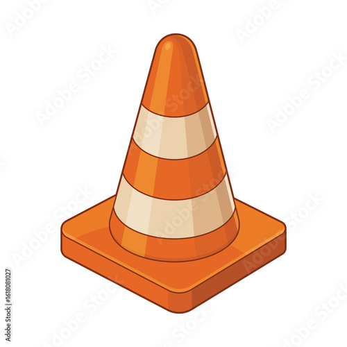 Illustration of an orange and white striped traffic safety cone on white
