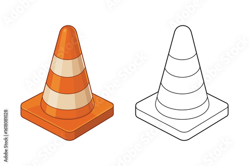 Orange traffic cone with stripes, alongside a line art cone illustration