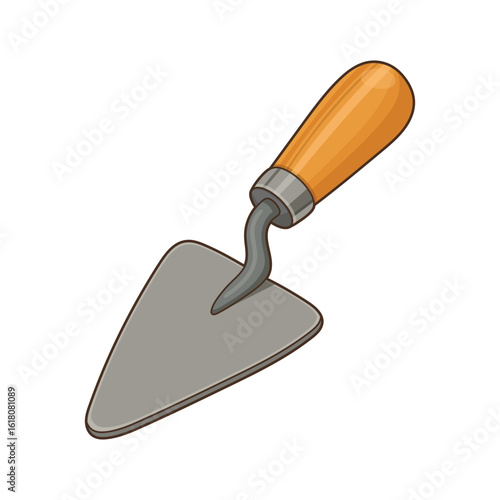 Illustration of a pointing trowel with gray blade and wooden handle.