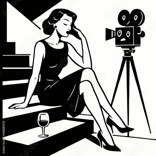 Vintage woman sitting on stairs with a camera, elegant pose and glass of wine, monochrome illustration, copy space