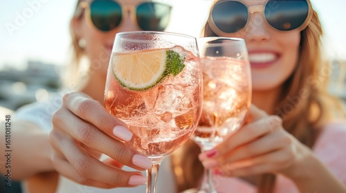 Friends clinking glasses with Hugo Spritz cocktails outdoors in summer  