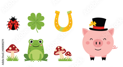 Collection of lucky symbols and cute characters
