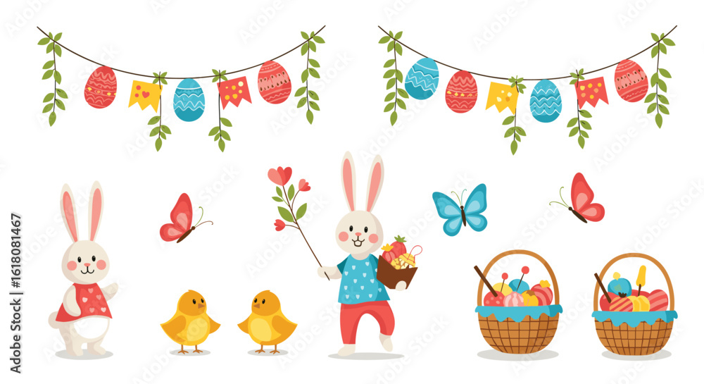 Obraz premium Easter holiday festive collection with cute bunnies and chicks
