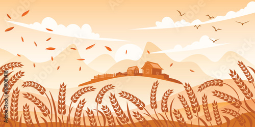 Autumn rural landscape, farm and harvest, wheat field, ears of wheat, vector drawing