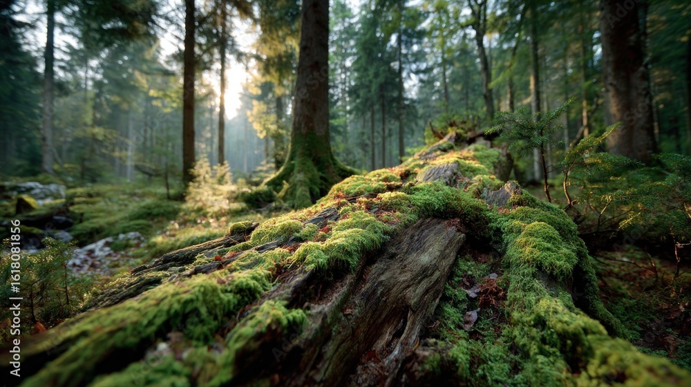 Fototapeta premium Forest Floor with Moss Covered Log Illuminated by Sunlight Streaming Through Trees