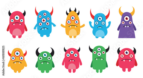 A collection of colorful and playful cartoon monsters with multiple eyes and horns