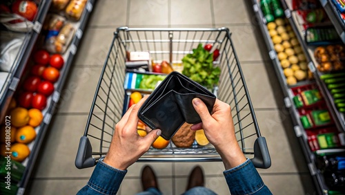 Person holding empty wallet while grocery shopping symbolizing inflation and cost of living
