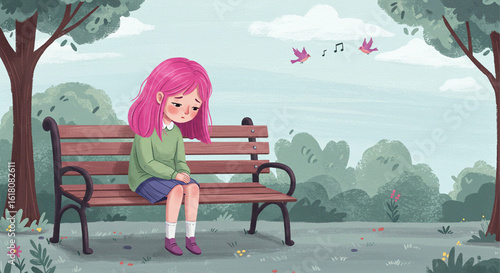 A lonely girl with vibrant pink hair sits on a bench in a quiet park, lost in sad thoughts. A vector illustration of solitude and childhood melancholy.