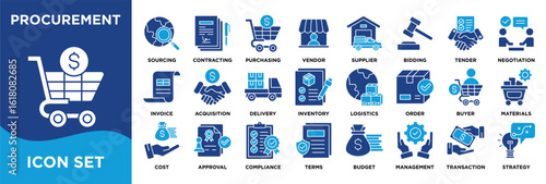Procurement icon collection set. Containing sourcing,contracting,purchasing,vendor,supplier,bidding,tender,negotiation,invoice,order icon. dual tone vector.