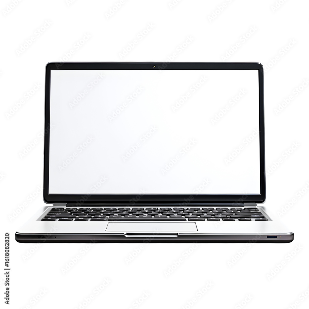 Modern silver laptop computer with blank white screen isolated on transparent background Modern silver laptop computer with blank white screen isolated on transparent background