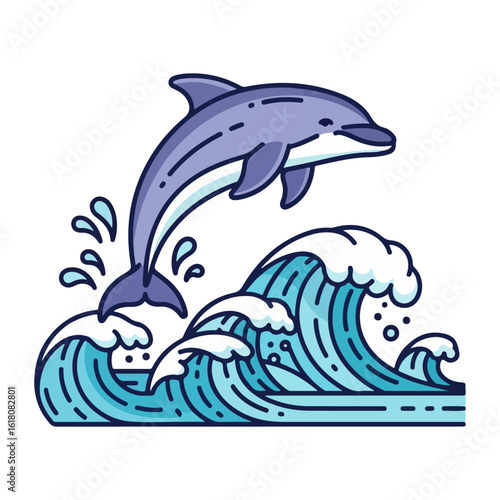 Japan marine day, dolphin jumping in the waves. Vector flat design cartoon. AI generated images.