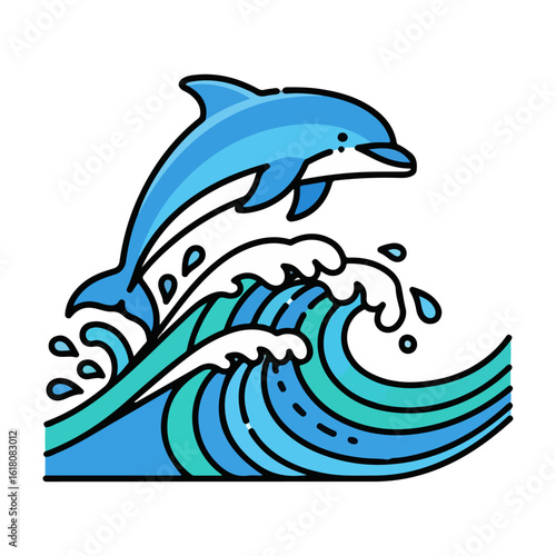 Japan marine day, dolphin jumping in the waves. Vector flat design cartoon. AI generated images.