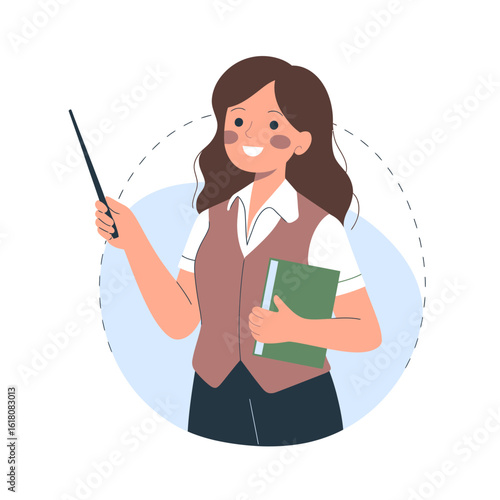 Smiling Teacher with Pointer and Book Illustration