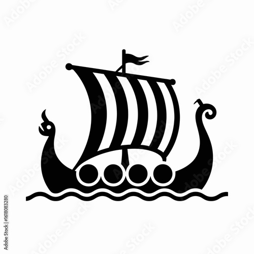 Viking Ship Icon in Black Silhouette Design