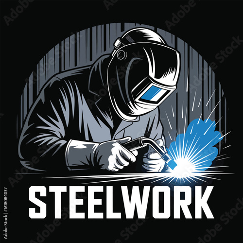 Vector Steelwork Welder: Industrial Graphic with Bright Blue Sparks.