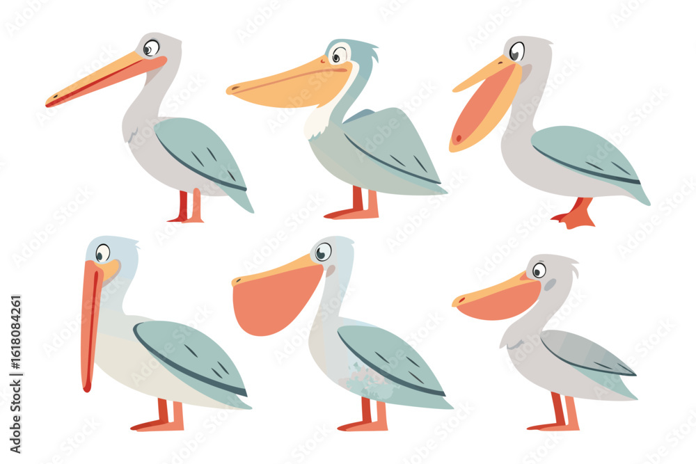 Obraz premium Pelican Illustration: Charming illustration showcasing a pelican in various poses, perfect for educational materials or playful design projects.