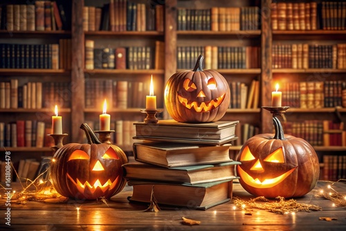 Carved halloween pumpkins with glowing candles sit on old books in a library