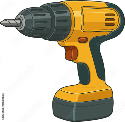 Illustration of a yellow and gray electric drill with a visible drill bit.