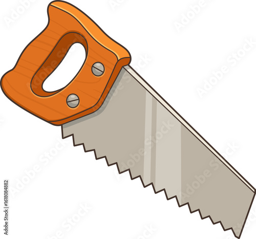 Hand saw with a wooden handle used for cutting wood during construction.