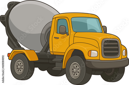 Cartoon cement mixer truck in yellow and grey colors on black background.
