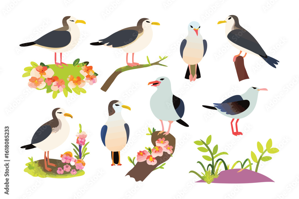 Obraz premium Seagulls at Rest: A diverse collection of gracefully illustrated seagulls, each perched upon meticulously crafted decorative elements, forms a scene brimming with serenity and tranquility. 